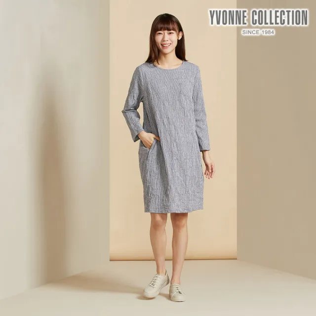 【YVONNE 以旺傢飾】皺皺細格紋提花長袖洋裝-永恆灰