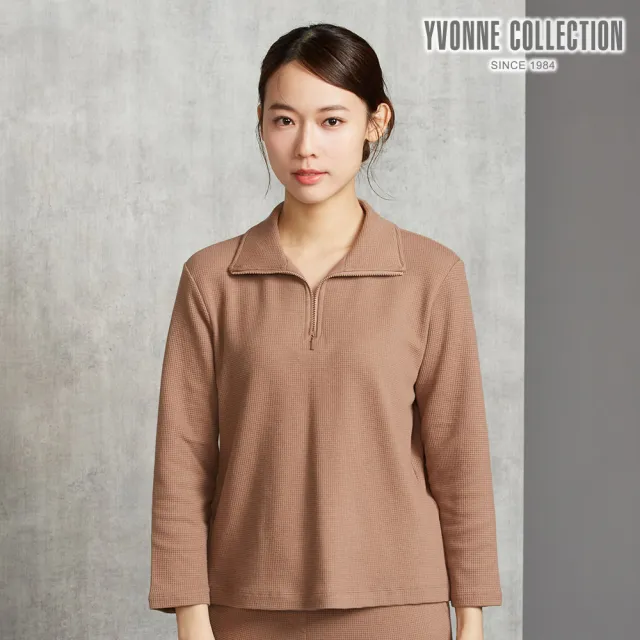 【YVONNE 以旺傢飾】華夫格翻領長袖上衣-可可棕