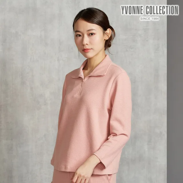 【YVONNE 以旺傢飾】華夫格翻領長袖上衣-薔薇粉
