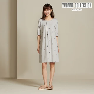 【YVONNE 以旺傢飾】海鸚鵡印花五分袖洋裝-迷霧灰
