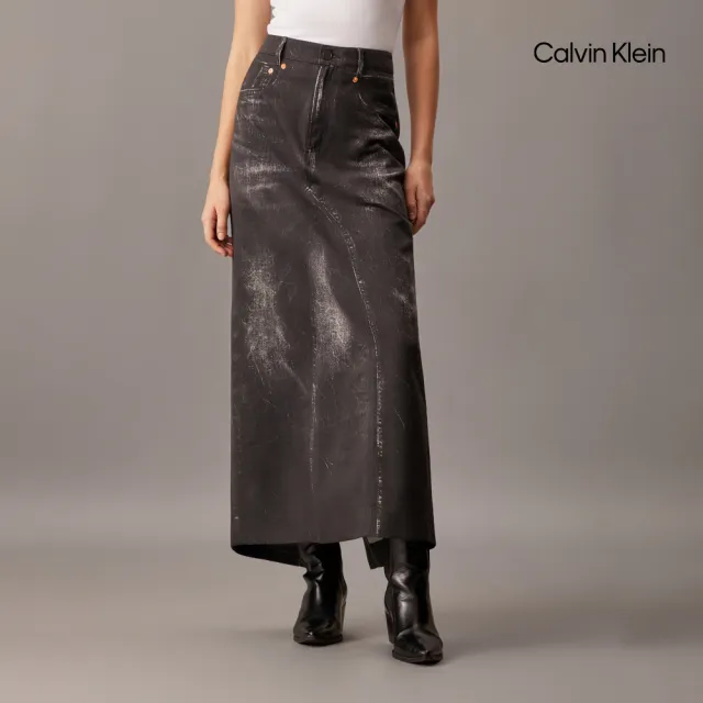 【CALVIN KLEIN】官方旗艦館CK Halo 錯視效果印花牛仔長裙_黑色