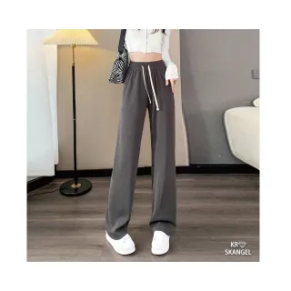 【amica】休閒窄版闊腿褲(坑條闊腿褲 休閒寬褲 抽繩休閒褲 顯瘦顯腿長)