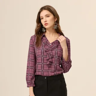 【ILEY 伊蕾】襯衫領垂墜造型格紋雪紡上衣(紫；M-2L；1253181106)