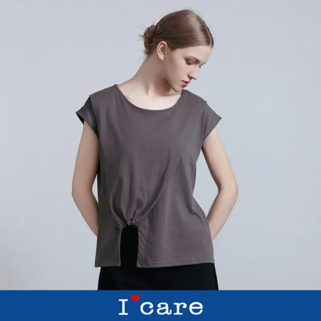 【I’Care 依卡】現貨-造型U型抓褶長版T恤 - 2色（F）｜女休閒上衣 女短袖T恤(607-22701)