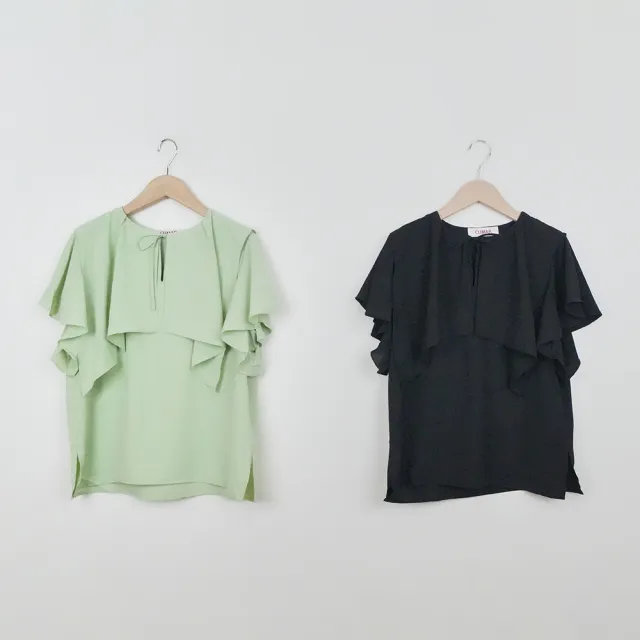 【CUMAR】浪漫綁帶層次荷葉袖短袖上衣(黑 綠)