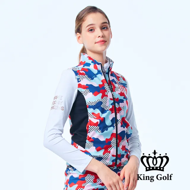 【KING GOLF】速達-網路獨家單特-女款點點迷彩薄款立領拉鍊背心外套(藍色)