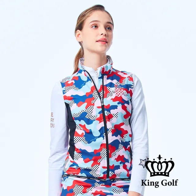 【KING GOLF】速達-網路獨家單特-女款點點迷彩薄款立領拉鍊背心外套(藍色)