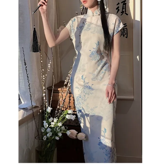 【巴黎精品】極速出貨 女新中式旗袍連身裙改良旗袍A字裙長裙大碼洋裝休閒大尺碼女裝(天絲麻斜襟藍花a1gc4)