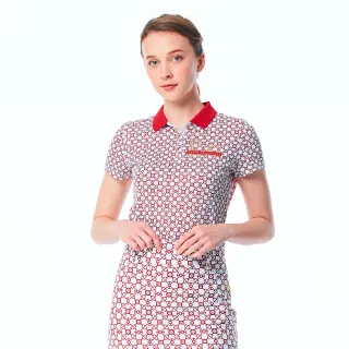 【KING GOLF】速達-網路獨家單特-女款滿版幾何格紋印花撞色領口涼感短袖上衣POLO衫/高爾夫球衫(粉色)