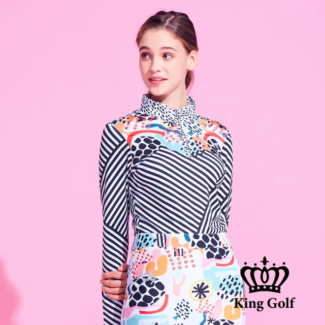 【KING GOLF】速達-網路獨家單特-女款筆刷感幾何條紋拼接插畫印花立領拉鍊長袖POLO衫/高爾夫球衫(白色)