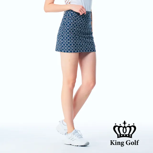 【KING GOLF】速達-網路獨家單特-女款經典滿版窗花印圖KG立體刺繡薄款高爾夫球運動短裙褲裙(深藍)