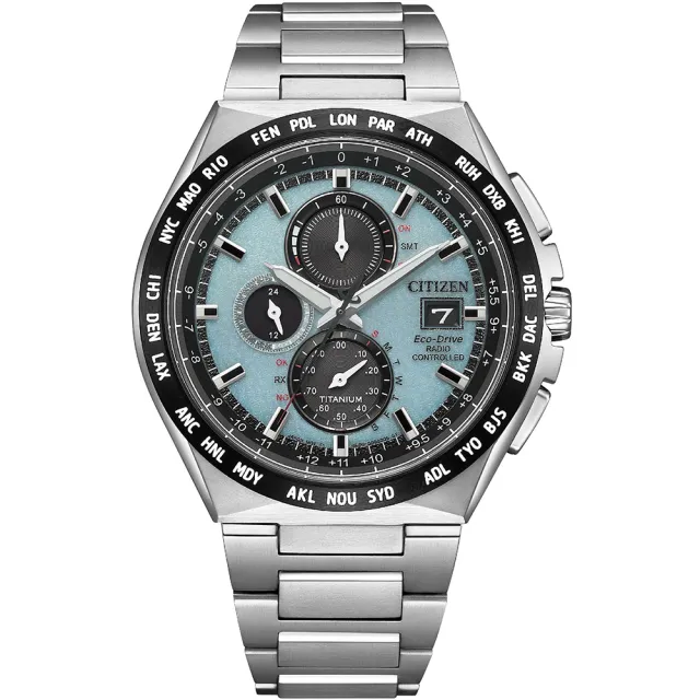 【CITIZEN 星辰】光動能電波萬年曆鈦金三眼計時手錶-43.5mm/湖水藍 父親節 送禮(AT8238-84M)