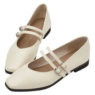 【Grace Gift】微甜方頭雙帶平底瑪莉珍鞋(白)