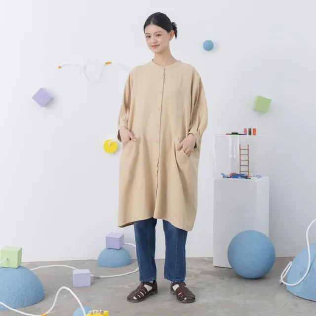 【MOSS CLUB】前開襟後襬打褶棉質八分袖洋裝(黑 卡/魅力商品)