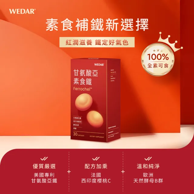 【Wedar 薇達】甘氨酸亞素食鐵 4盒組(30顆/盒.補鐵.葉酸.孕期補鐵.維他命C.B群)