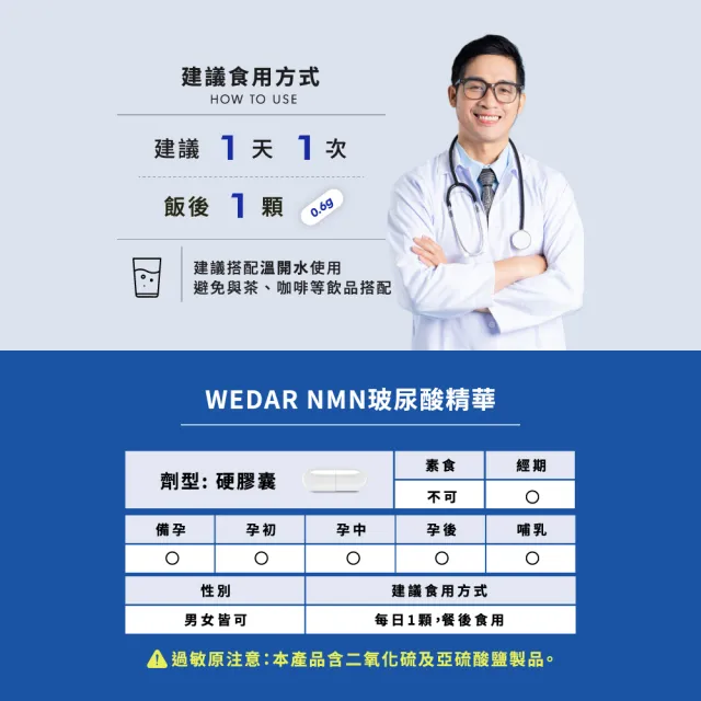 【Wedar 薇達】NMN玻尿酸精華 4盒組(30顆/盒.專利認可NAD+.日本玻尿酸)