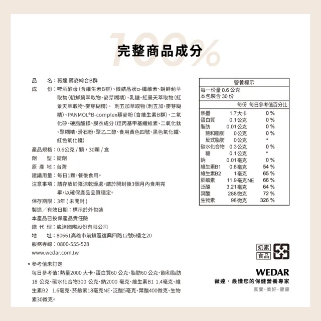 【Wedar 薇達】藜麥綜合B群 4盒組(30顆/盒.天然B群.紅景天萃取.啤酒酵母萃取.無異味)