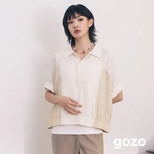 【gozo】反折袖鬆緊下擺拼色半開襟上衣(兩色)