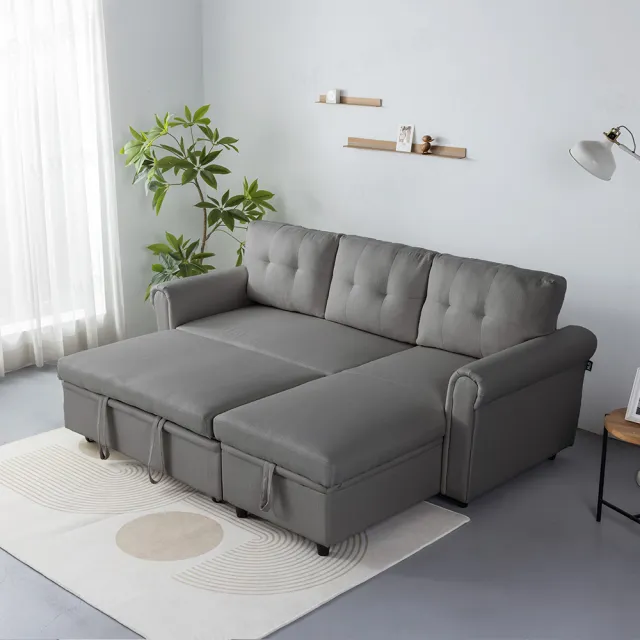 【H&D 東稻家居】免組裝 3 人悠展多功能L型收納布沙發床 206x153x87 三人座 拖床(L型可左右互換 機能沙發)