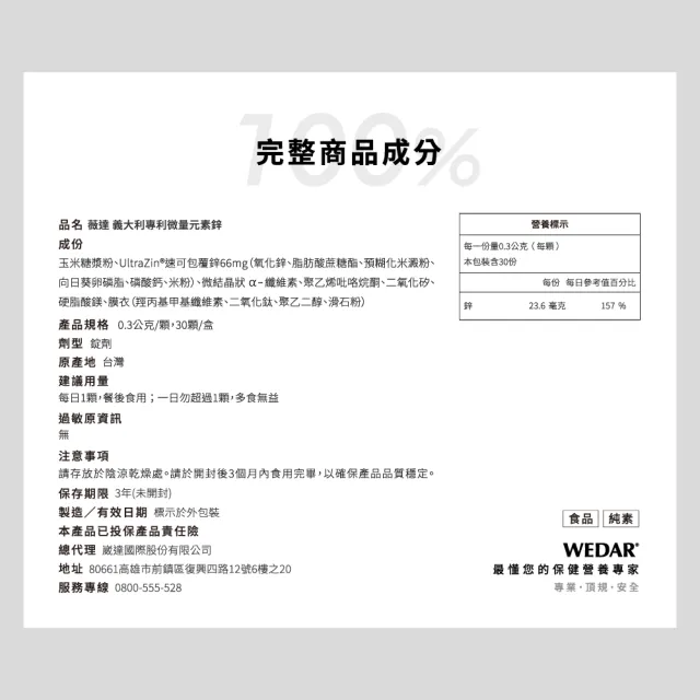 【Wedar 薇達】義大利專利微量元素鋅 6盒組(30顆/盒.精力充沛.備孕好孕.男性保健.皮膚健康.Zinc.純素)