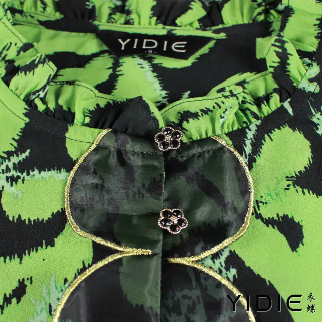 【YIDIE】小木耳領口印花長版雪紡上衣-草綠