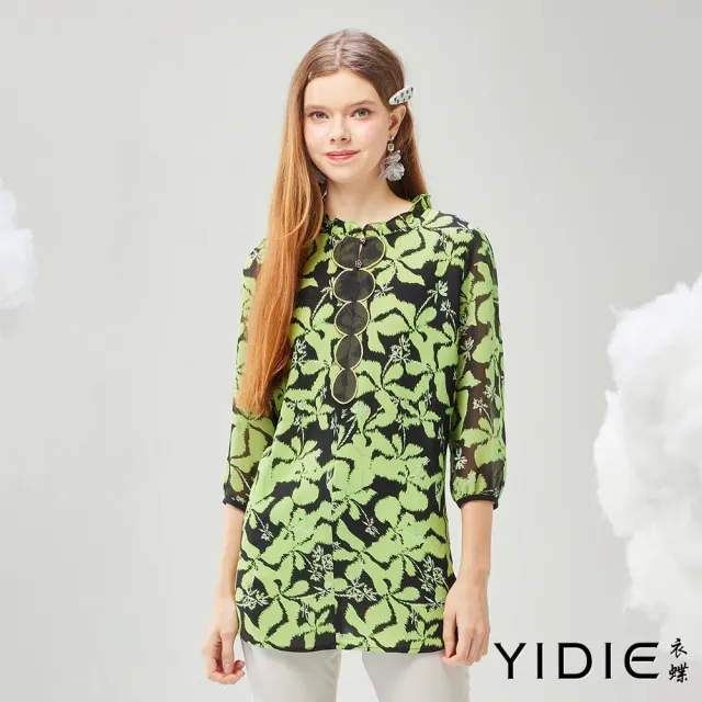 【YIDIE】小木耳領口印花長版雪紡上衣-草綠