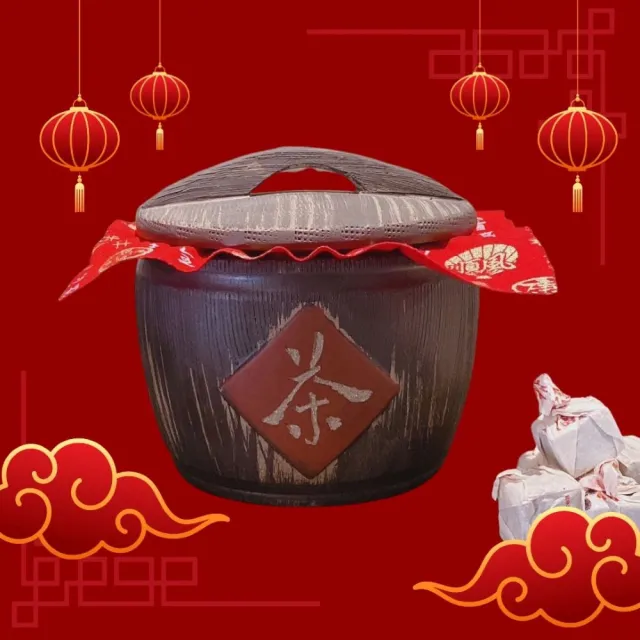 【茶韻】史上最強福氣滿滿聚寶盆 普洱茶禮盒 迷你沱(宜興原礦紫砂仿古木桶罐+福字方沱半斤)(中秋禮盒)
