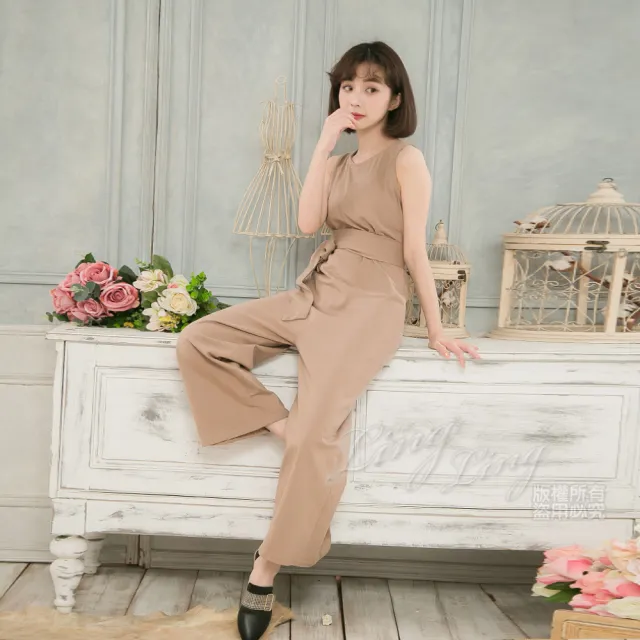 【lingling】純色無袖綁帶連身寬褲裝 女裝連身褲裝(PA4113-共2色)