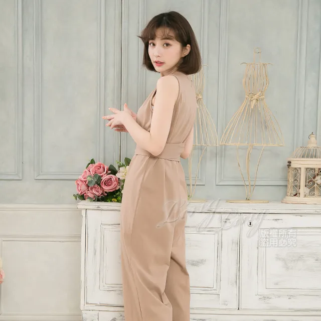 【lingling】純色無袖綁帶連身寬褲裝 女裝連身褲裝(PA4113-共2色)