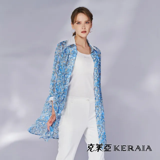 【KERAIA 克萊亞】魅力價-藍韻繁花印花雪紡外套