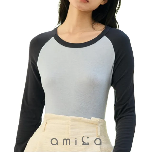 【amica】撞色拉格蘭長袖打底衫(拚色 保暖衣 打底衣 內搭衣 拉格蘭袖 美麗諾羊毛 拉克蘭長袖)