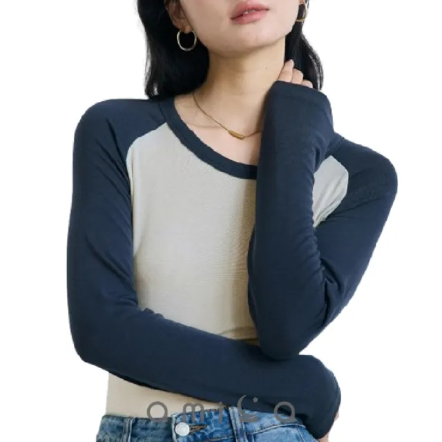 【amica】撞色拉格蘭長袖打底衫(拚色 保暖衣 打底衣 內搭衣 拉格蘭袖 美麗諾羊毛 拉克蘭長袖)