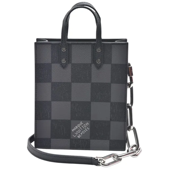 【Louis Vuitton 路易威登】N60479 Sac Plat Xs系列Damier帆布牛皮金屬皮革鏈手提/斜背包(迷你-黑灰色)