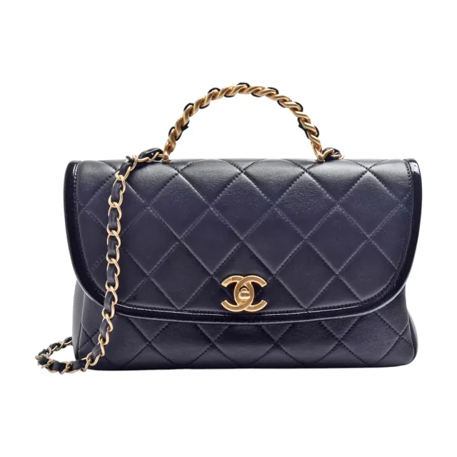 【CHANEL 香奈兒】經典仿舊雙C LOGO小牛皮霧金拼接皮革手把斜背包/手提包(黑色AS2221C-BLK-GPN)