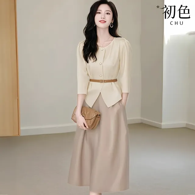 【初色】圓領腰帶排釦七分袖襯衫上衣女上衣+純色A字裙半身裙套裝-杏衣粉紫裙-15110(M-2XL可選)