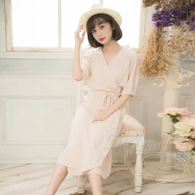 【lingling】交叉綁帶V領開襟短袖長洋裝罩衫 女裝洋裝(PA4114-共2色)