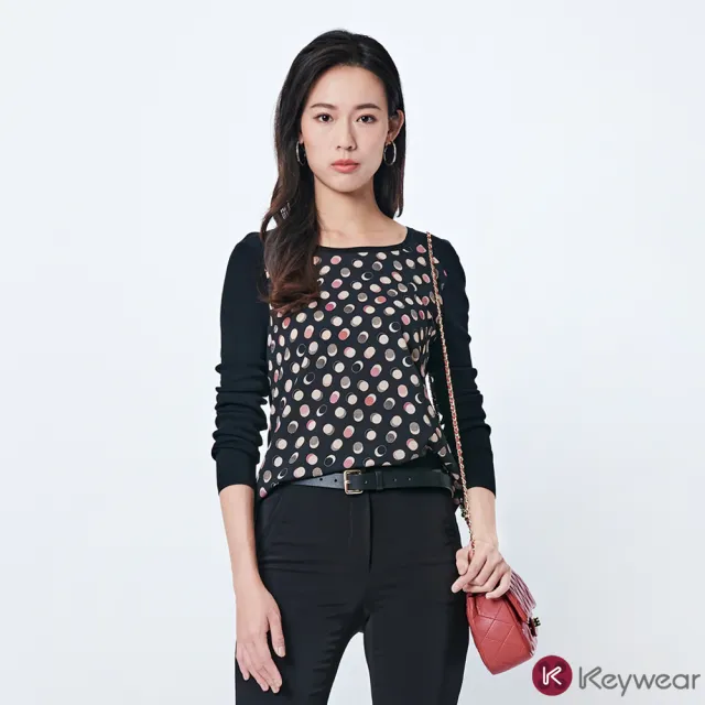 【KeyWear 奇威名品】圓點印花拼接針織上衣
