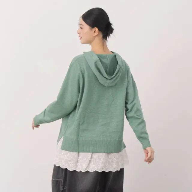 【MOSS CLUB】下擺拼接花邊假兩件連帽針織上衣(綠 駝 灰/魅力商品)
