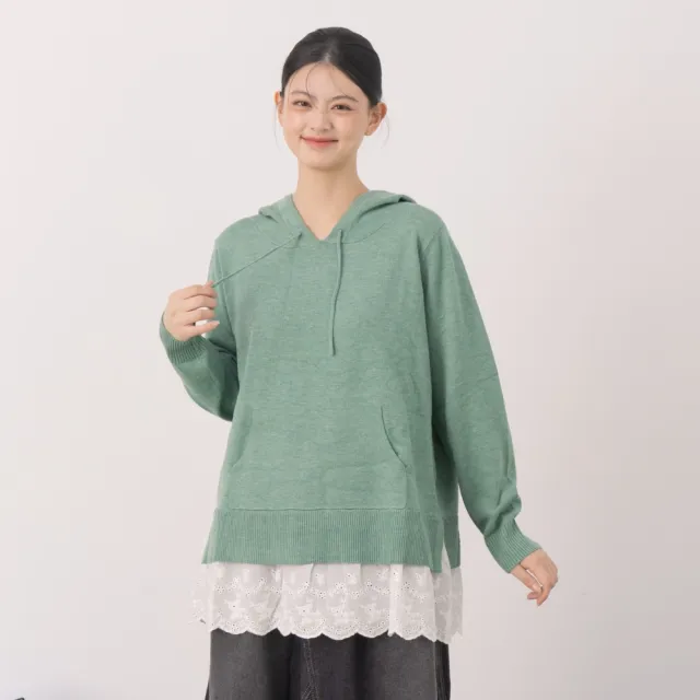 【MOSS CLUB】下擺拼接花邊假兩件連帽針織上衣(綠 駝 灰/魅力商品)
