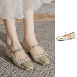 【J&H collection】法式小香風拼接粗跟女鞋 瑪莉珍鞋(香檳金色)