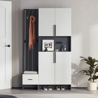 【hoi! 好好生活】Linsy現代簡約百變上下雙門玄關櫃 附坐凳櫃1.2M 黑+白色 AK3O