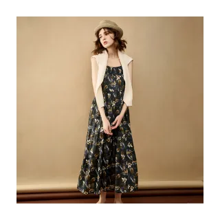 【Le Polka】印花褶皺細肩長洋裝-女