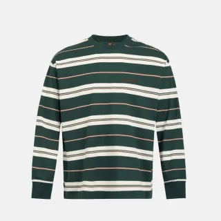 【Timberland 官方旗艦】中性綠色寬版長袖條紋T恤(A5RSM317)