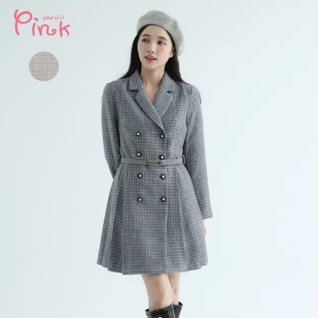 【PINK NEW GIRL】優雅格紋雙排釦長袖洋裝 X4703LG(2色)