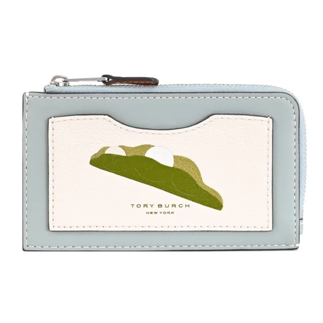 【TORY BURCH】經典烙印撞色皮革信用卡證件名片L型零錢包(淺藍綠)