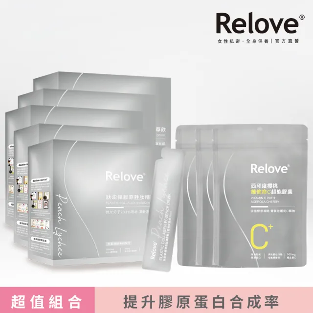 【Relove 官方直營】月太澎彈膠原胜月太精華飲5盒 共25mlX75包+維他命C超能膠囊3包共90顆(加倍澎潤團購組)