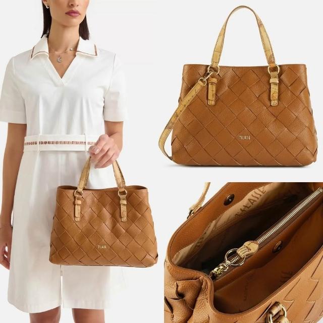 【Alviero Martini】義大利地圖包 牛皮編織格紋手提側背包30c(咖啡色)