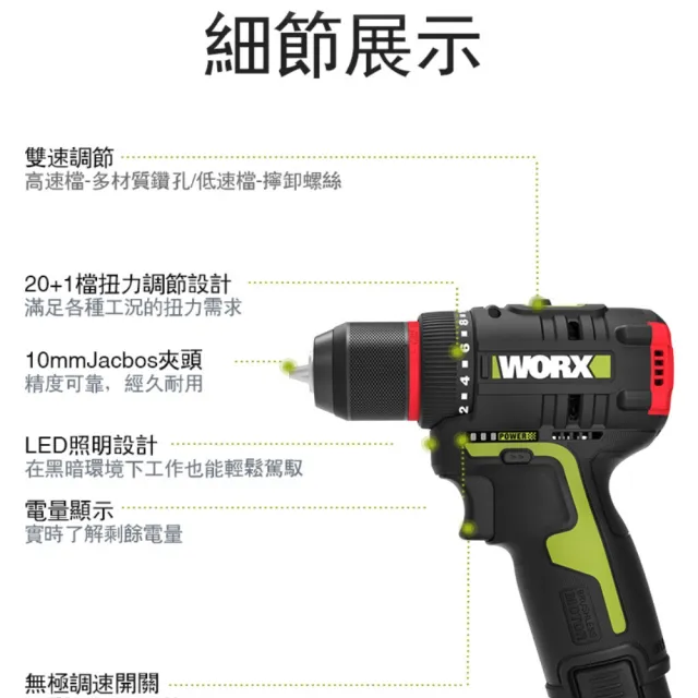 【WORX 威克士】12V 10mm 無刷鋰電電鑽(WU130X)