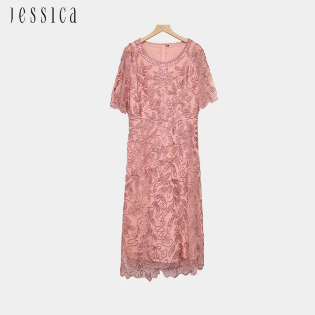 【JESSICA】優雅肌理感花卉蕾絲短袖洋裝J99701