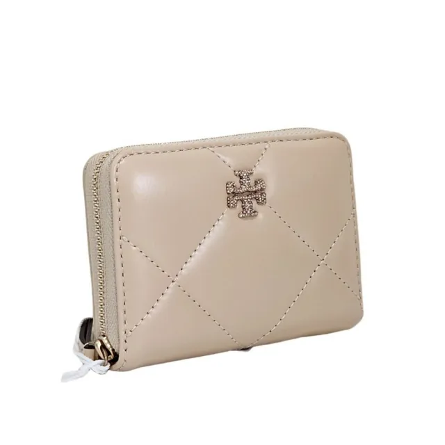 【TORY BURCH】專櫃新款Kira立體水晶LOGO小香風4卡拉鍊零錢卡包/淡奶茶色(贈原廠紙袋/七夕情人節)
